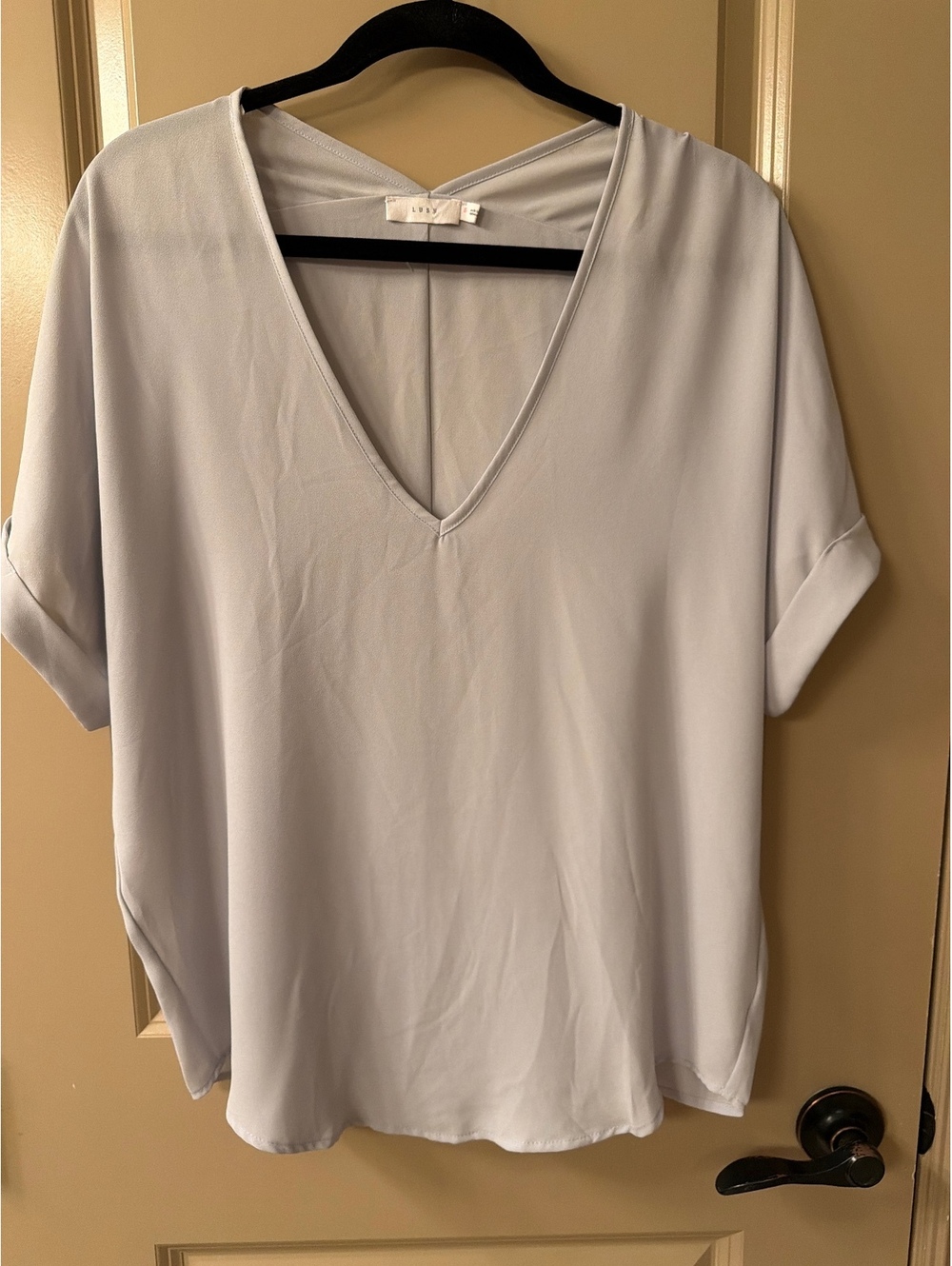 Light Gray V-Neck Short Sleeve Blouse with Rolled Cuffs
